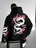 New Men's Anime Dragon Cherry Blossom Printed Hooded Sweatshirt Winter Fleece Warm Casual Street Comfort Inspired Design Hoodie